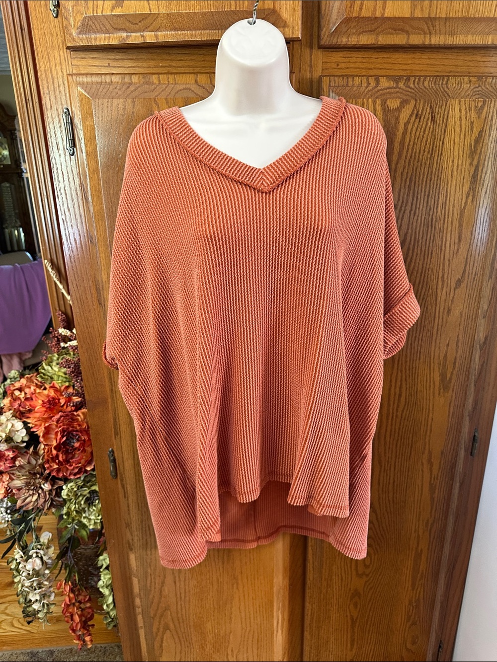 Zenana Outfitters V-Neck Oversized Sweater in Terra Cotta